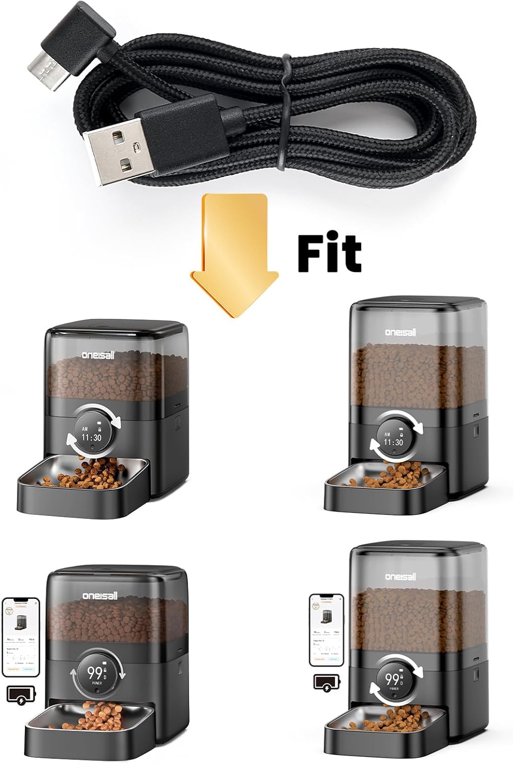 Oneisall 3L/5L Single Bowl Cat Feeder USB Type-C Cable Replacement