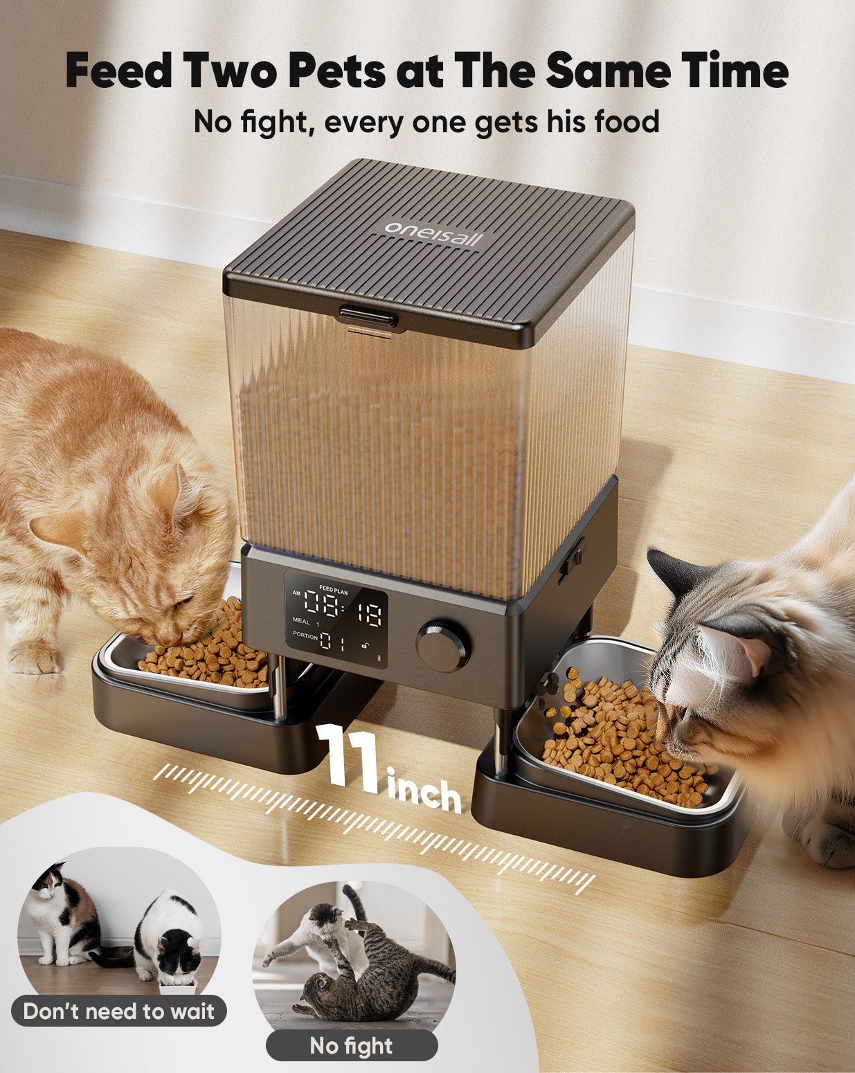 Oneisall 5L Automatic Cat Feeder for Two Cats-Black